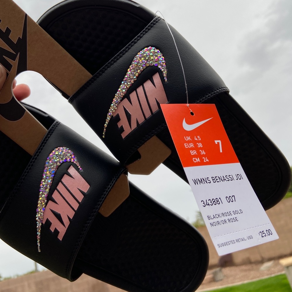 Black Custom Rhinestone Bling Nike Slides